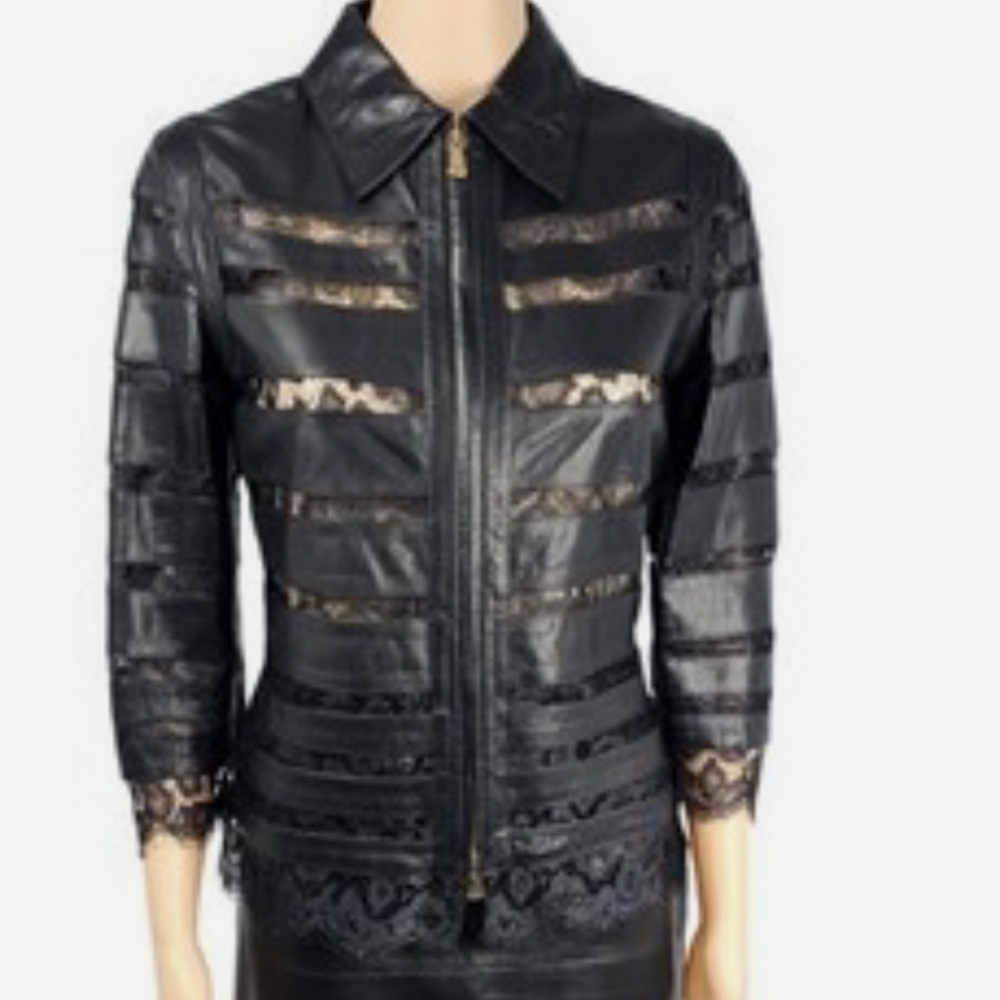 Vintage Escada Black Leather Jacket with Lace Accents